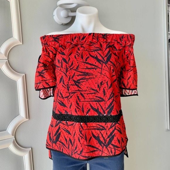 Prabal Gurung Off The Shoulder Printed Eyelet Blouse Size 6 - Picture 12 of 12